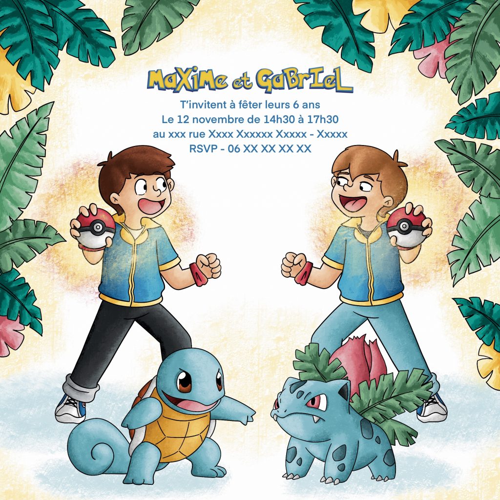 Création d'invitation d'anniversaire pokemon pour jumeaux twins garcons