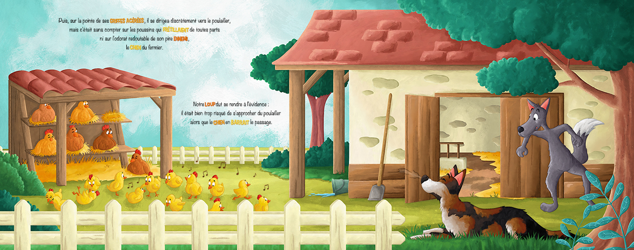Le loup affamé et l’âne du fermier – Dinett illustration illustrateur