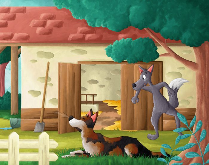 Illustration d'amandine Alezard le loup affamé et l'âne du fermier